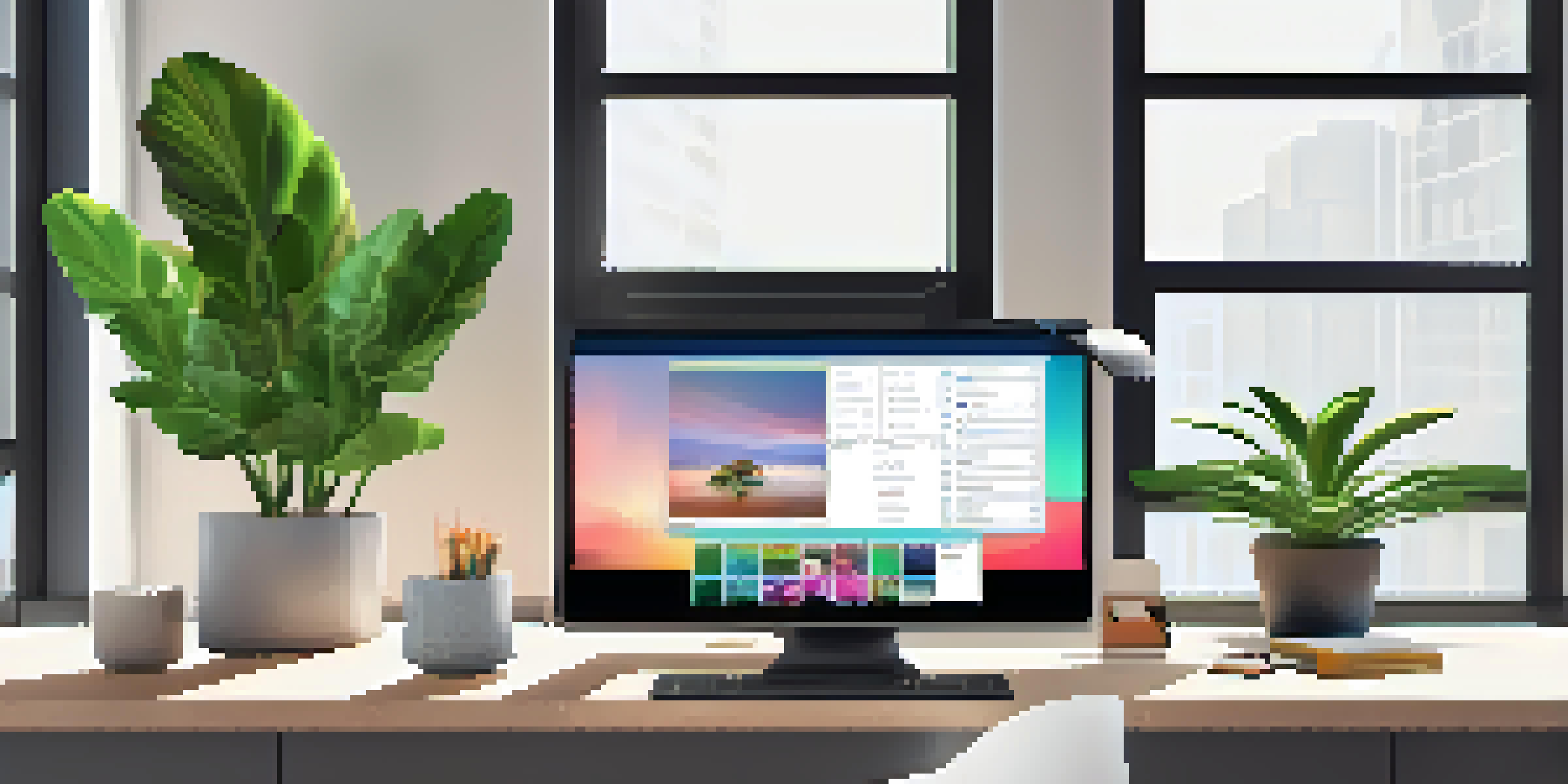A bright and modern digital workspace with a laptop, smartphone, and potted plant, bathed in natural light.