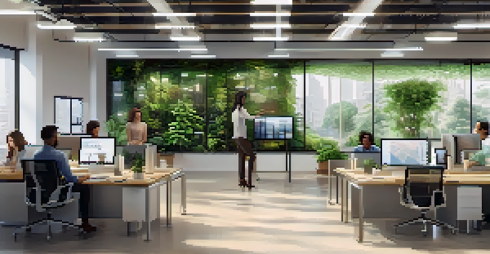 A diverse group of employees working together in a bright office, with transparent screens showing AI data visualizations.