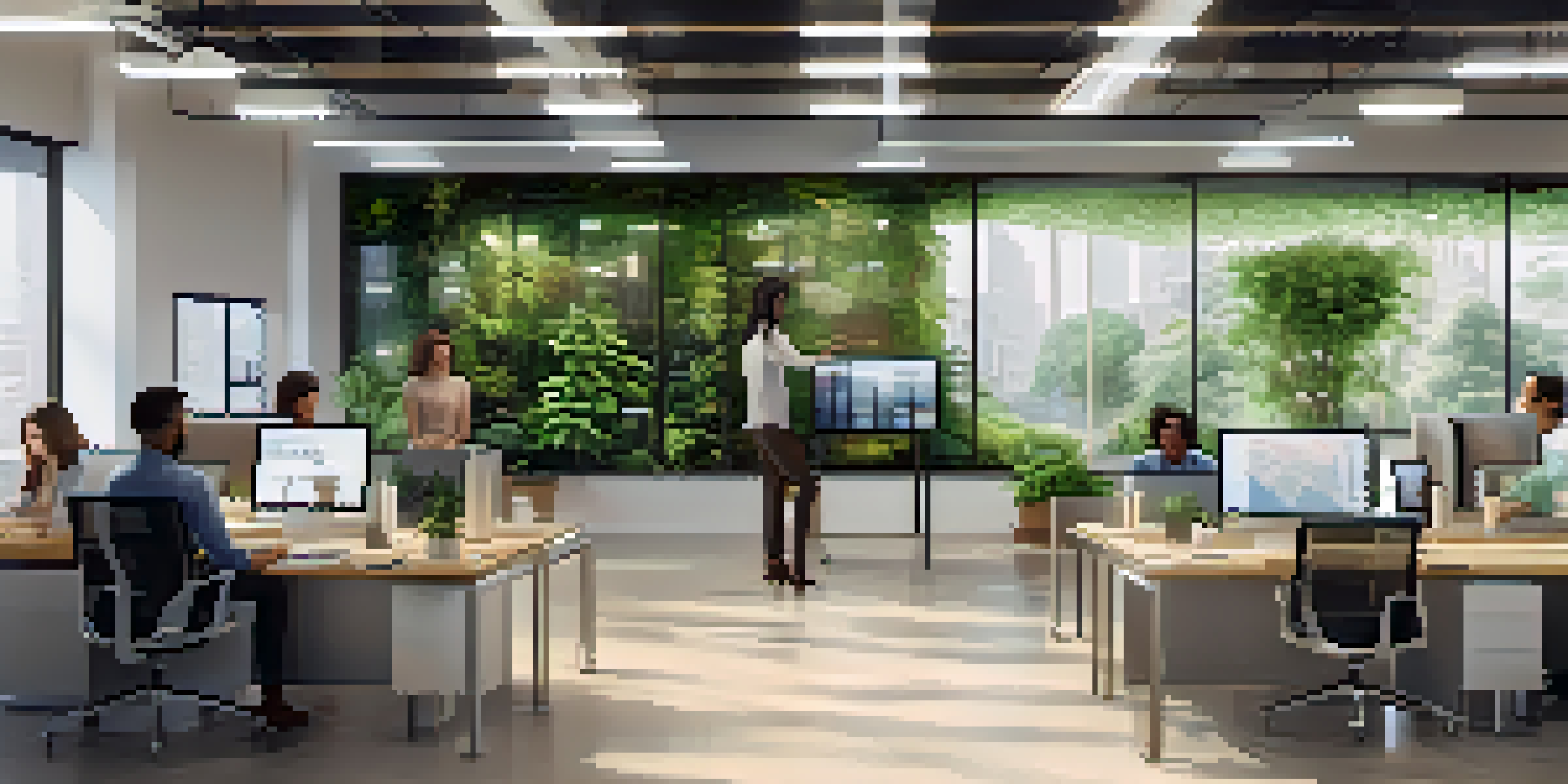 A diverse group of employees working together in a bright office, with transparent screens showing AI data visualizations.
