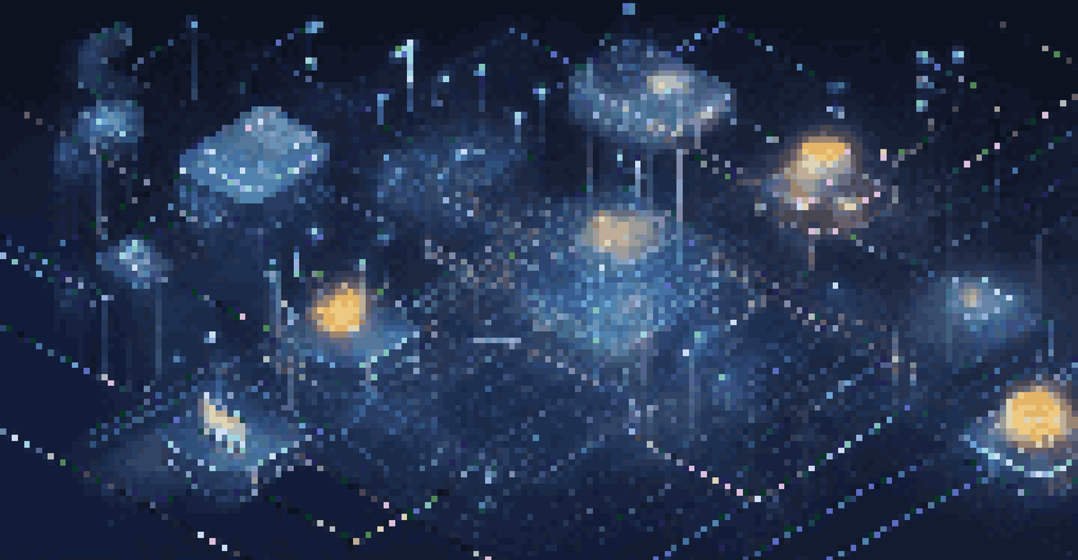 An abstract illustration of edge computing with interconnected devices and glowing nodes against a dark blue background.