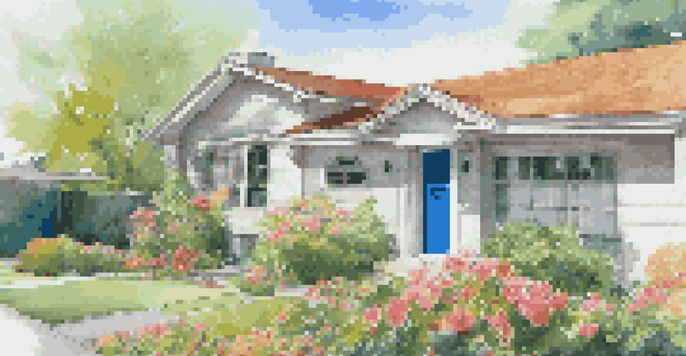 A smart security camera mounted on a house, overlooking a front yard filled with flowers.