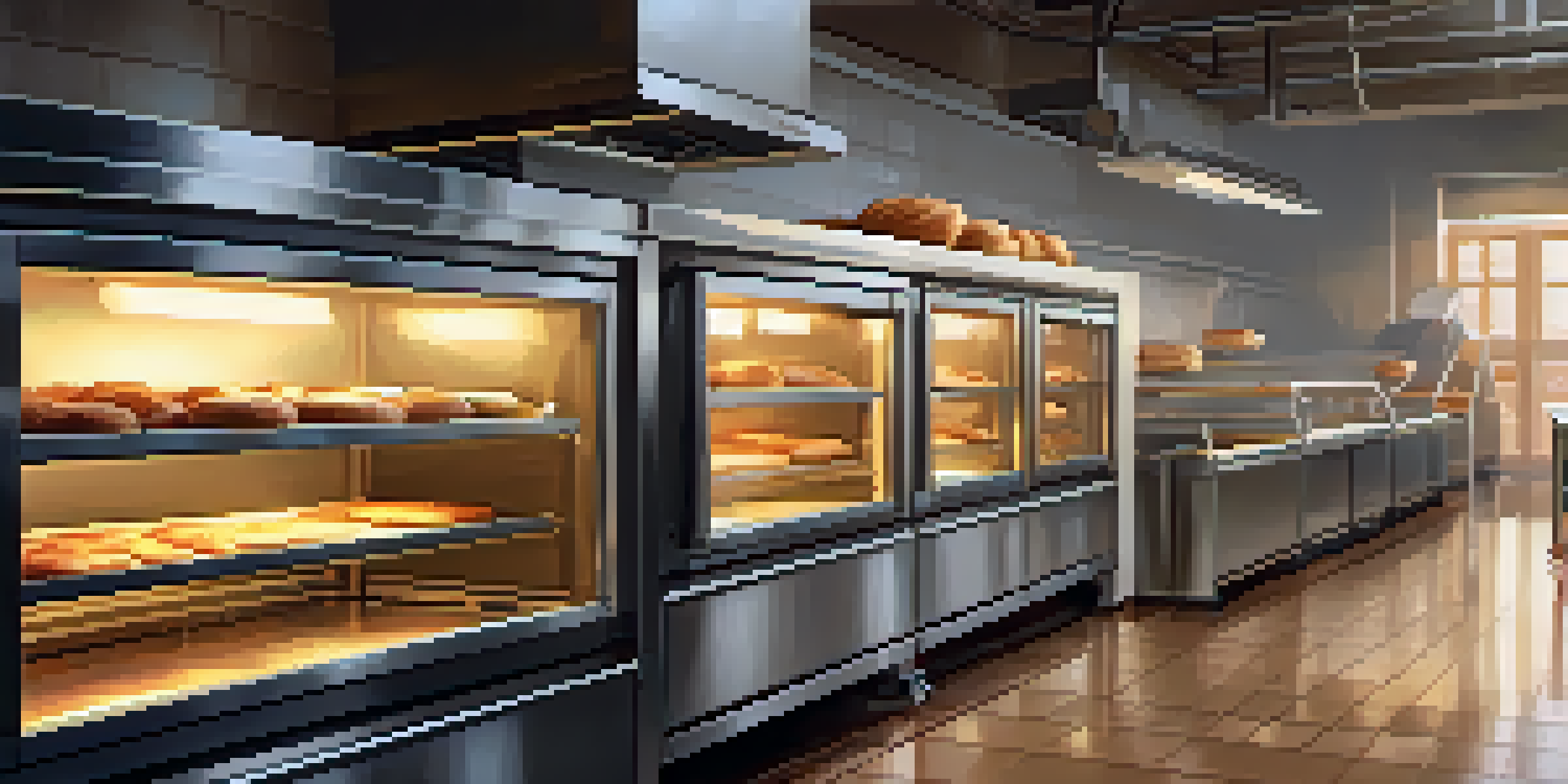 A baker checking a high-tech oven in a bakery with fresh bread cooling in the background.