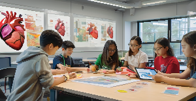 A classroom with students using augmented reality to explore a 3D model of a human heart, showcasing diversity and engagement.