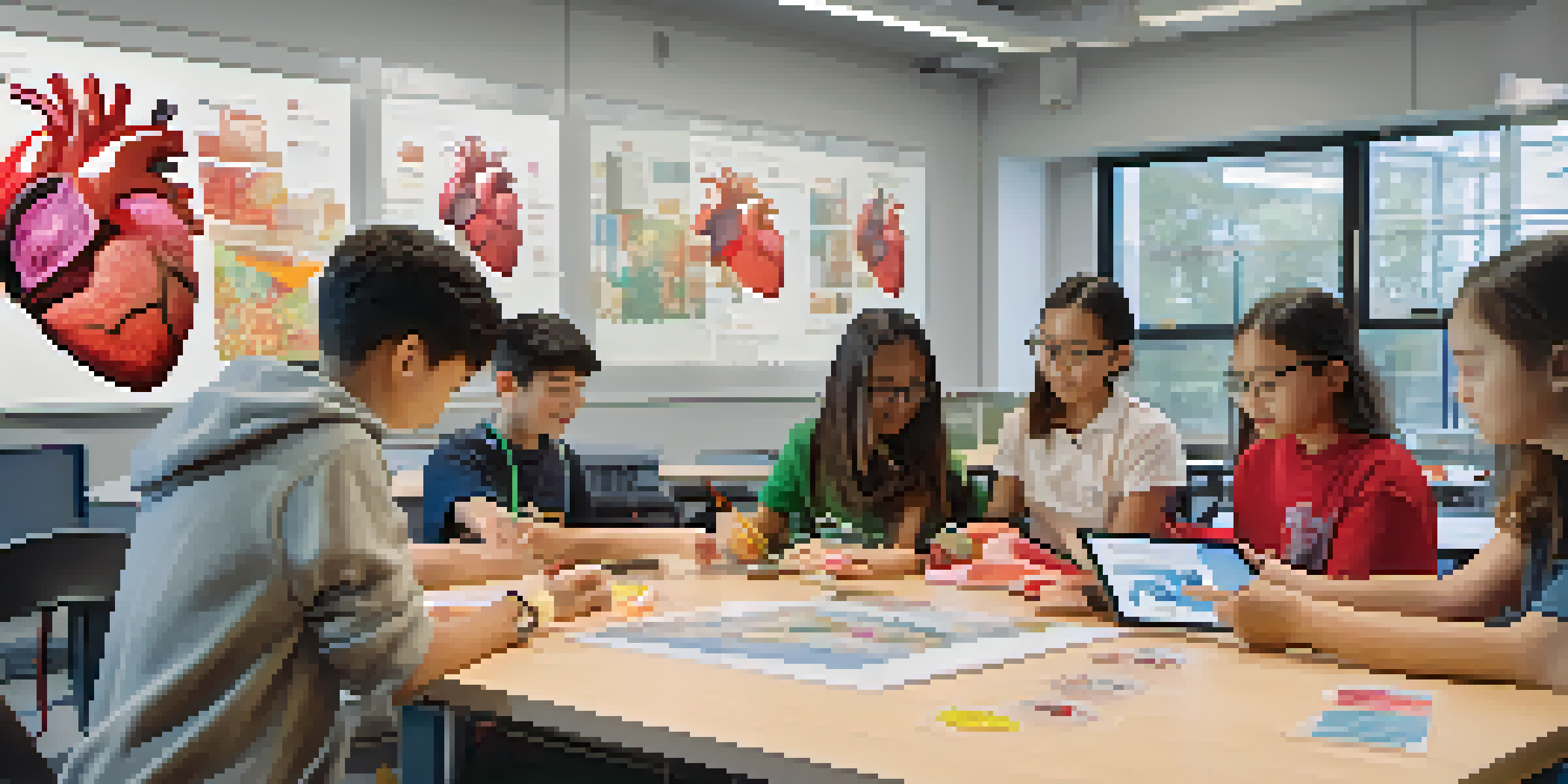 A classroom with students using augmented reality to explore a 3D model of a human heart, showcasing diversity and engagement.
