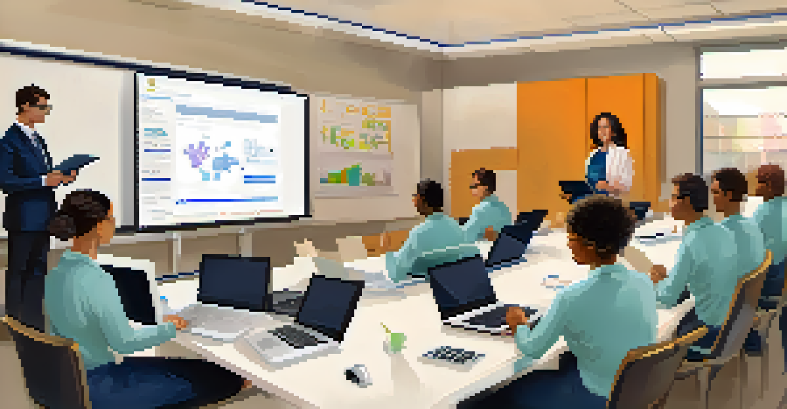 A team member focused on a laptop during a training session about IT Service Management, with notes and educational materials around.
