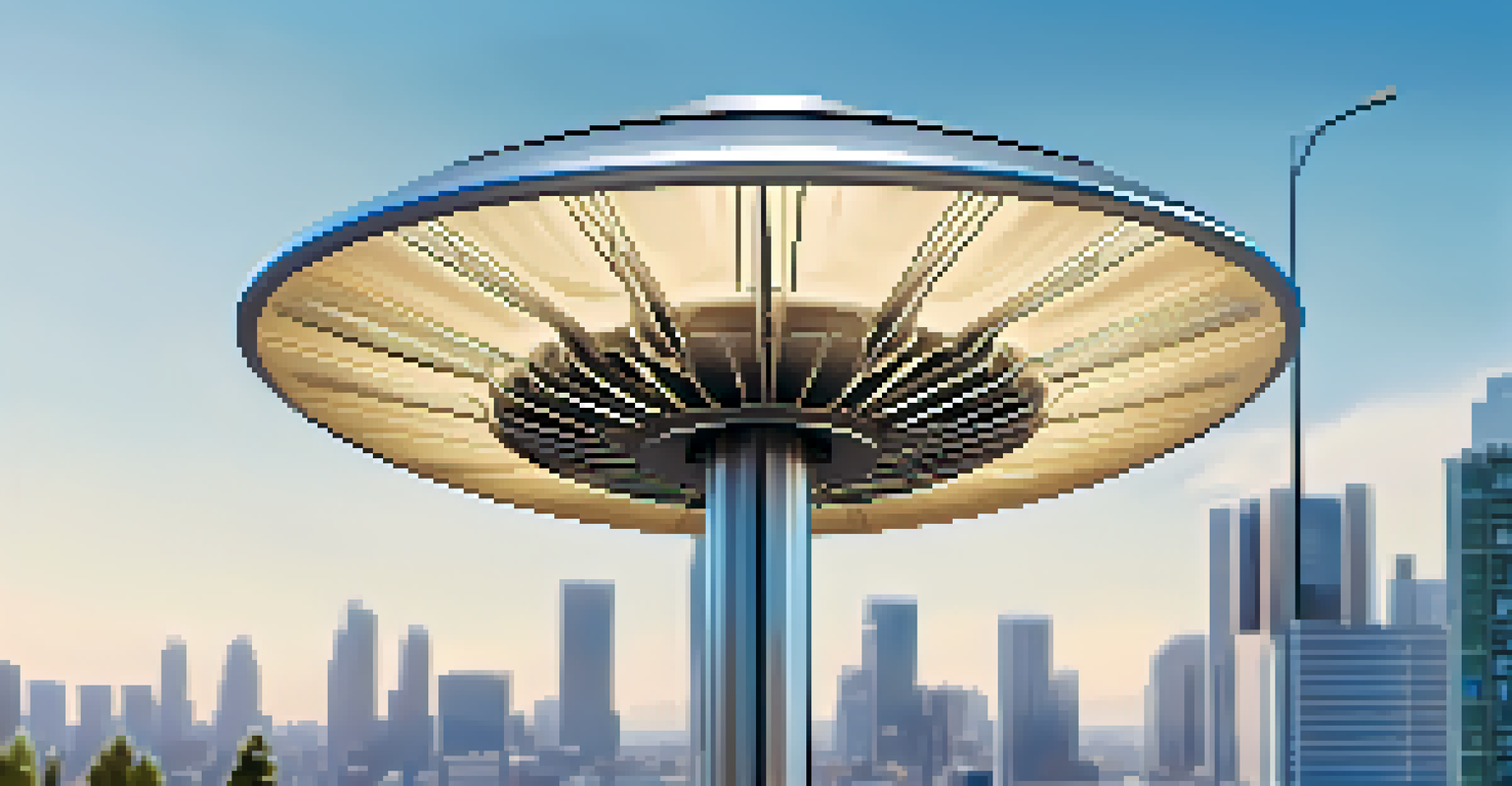 A close-up view of a 5G small cell antenna on a street lamp, set against a clear blue sky and greenery, highlighting urban infrastructure.