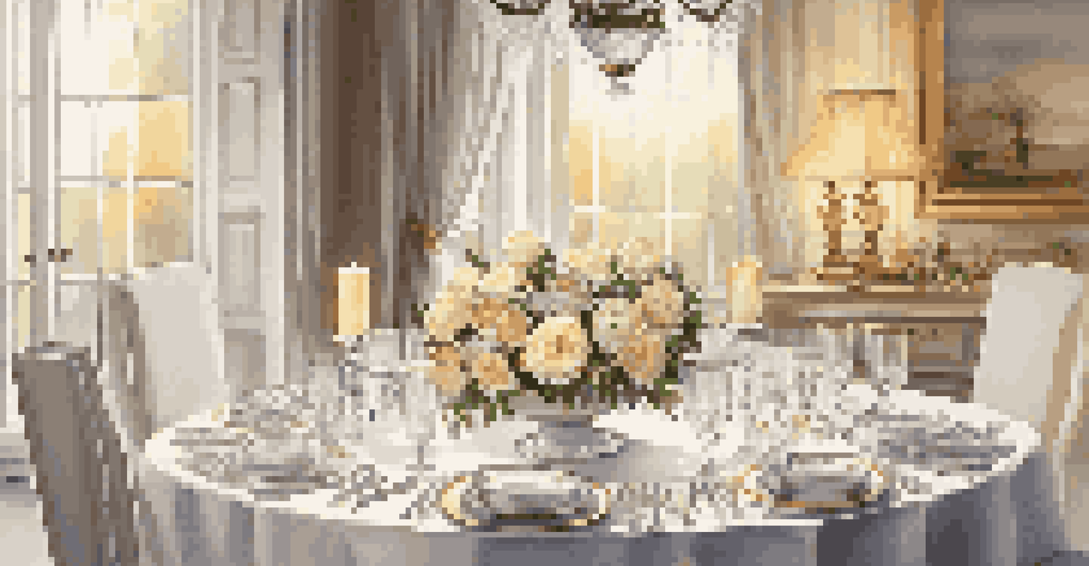 A beautifully arranged dining table ready for a formal dinner, complete with fine china, glassware, and flowers.
