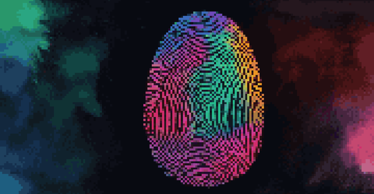 An artistic fingerprint design made of vibrant colors on a dark background, glowing to symbolize data privacy and security.