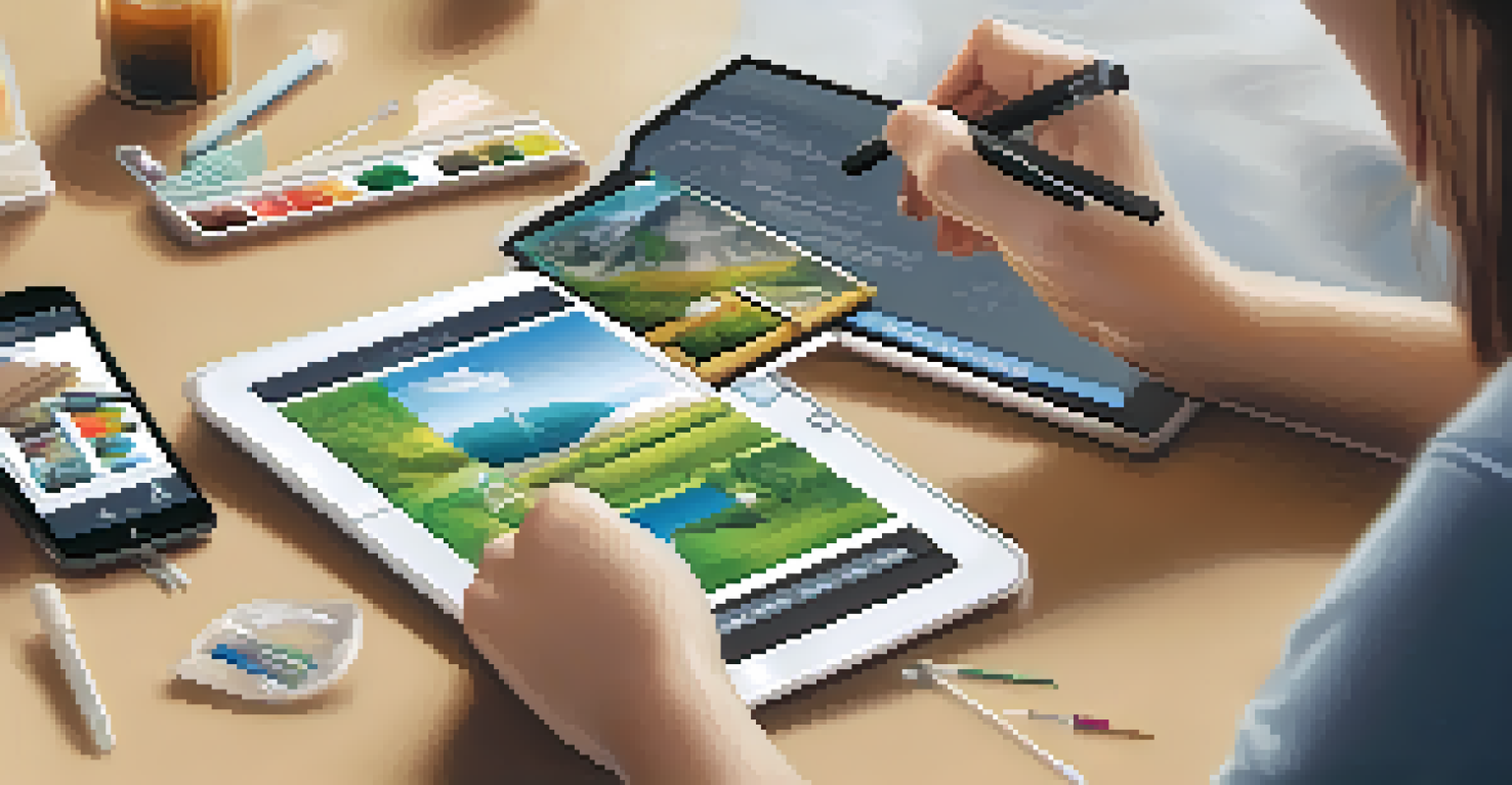 A user engaging with a mobile app on a tablet, with assistive technology tools around them, displaying text alternatives on the app screen.