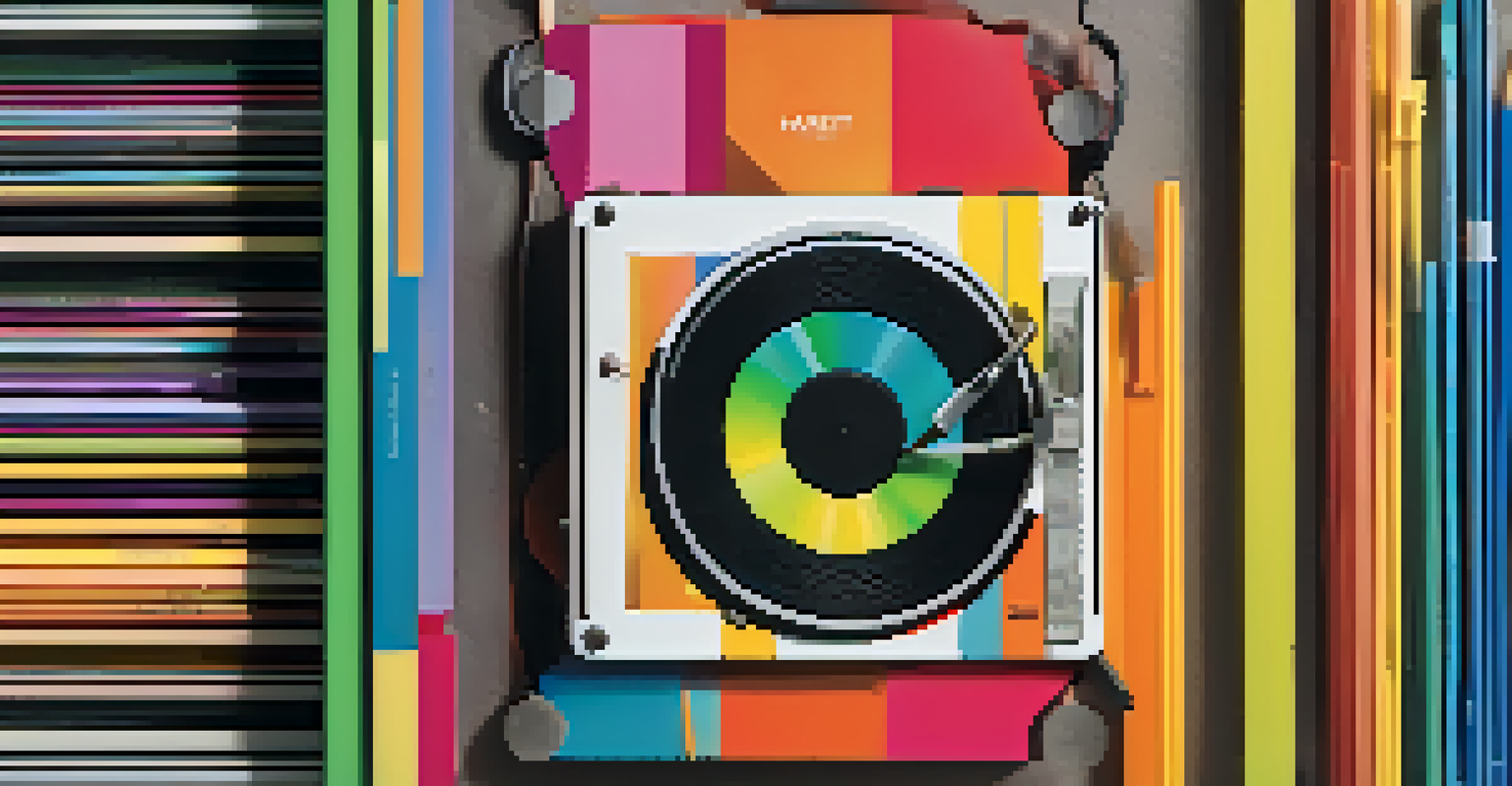 A close-up of a music album cover on a digital device, displaying metadata like artist name and genre, with colorful musical notes surrounding it.