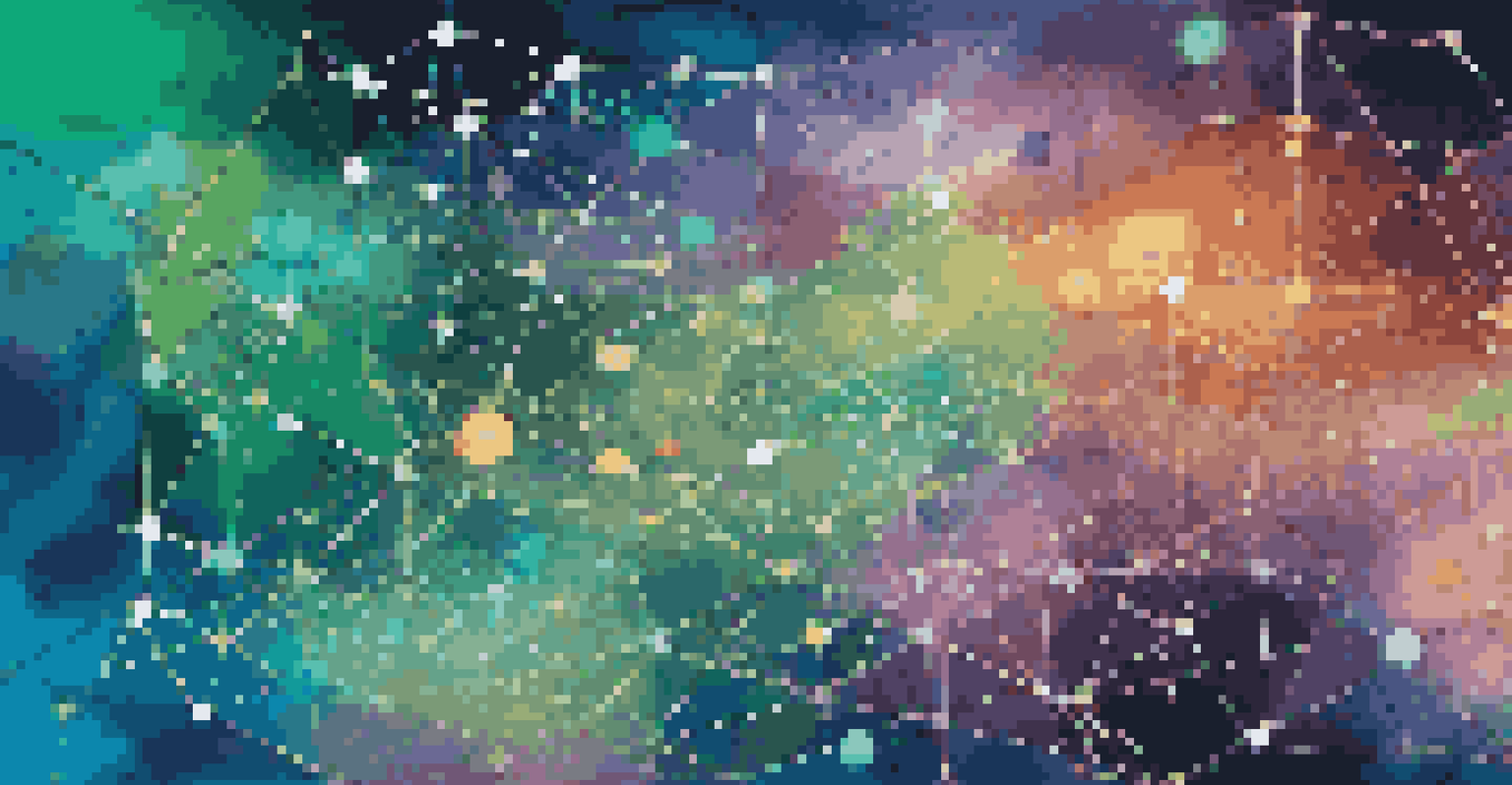 A visual representation of a blockchain network with interconnected nodes and vibrant colors, set against a gradient background.