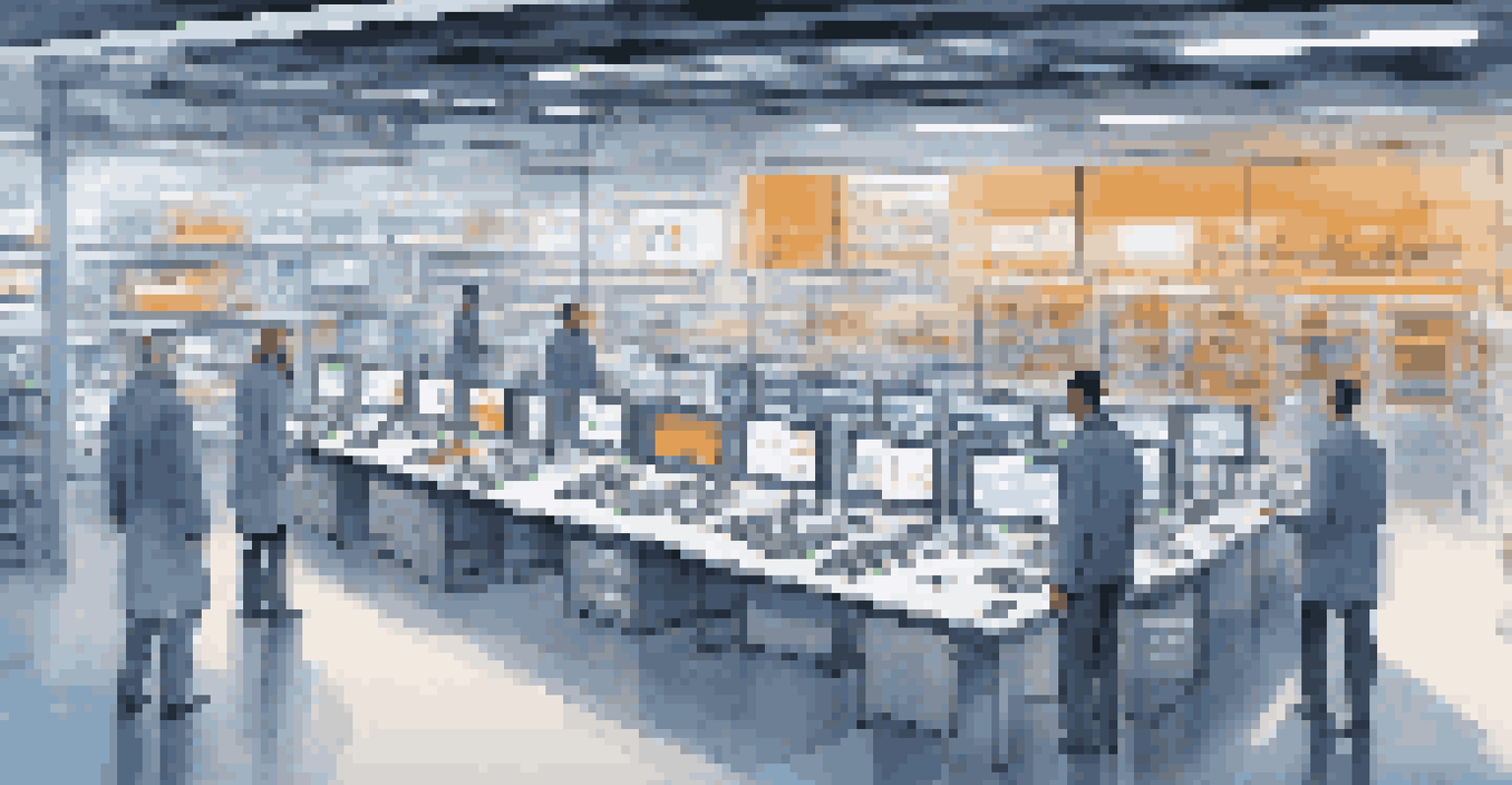 A futuristic supply chain management room with smart sensors tracking inventory in real-time, featuring digital screens and engaged employees.