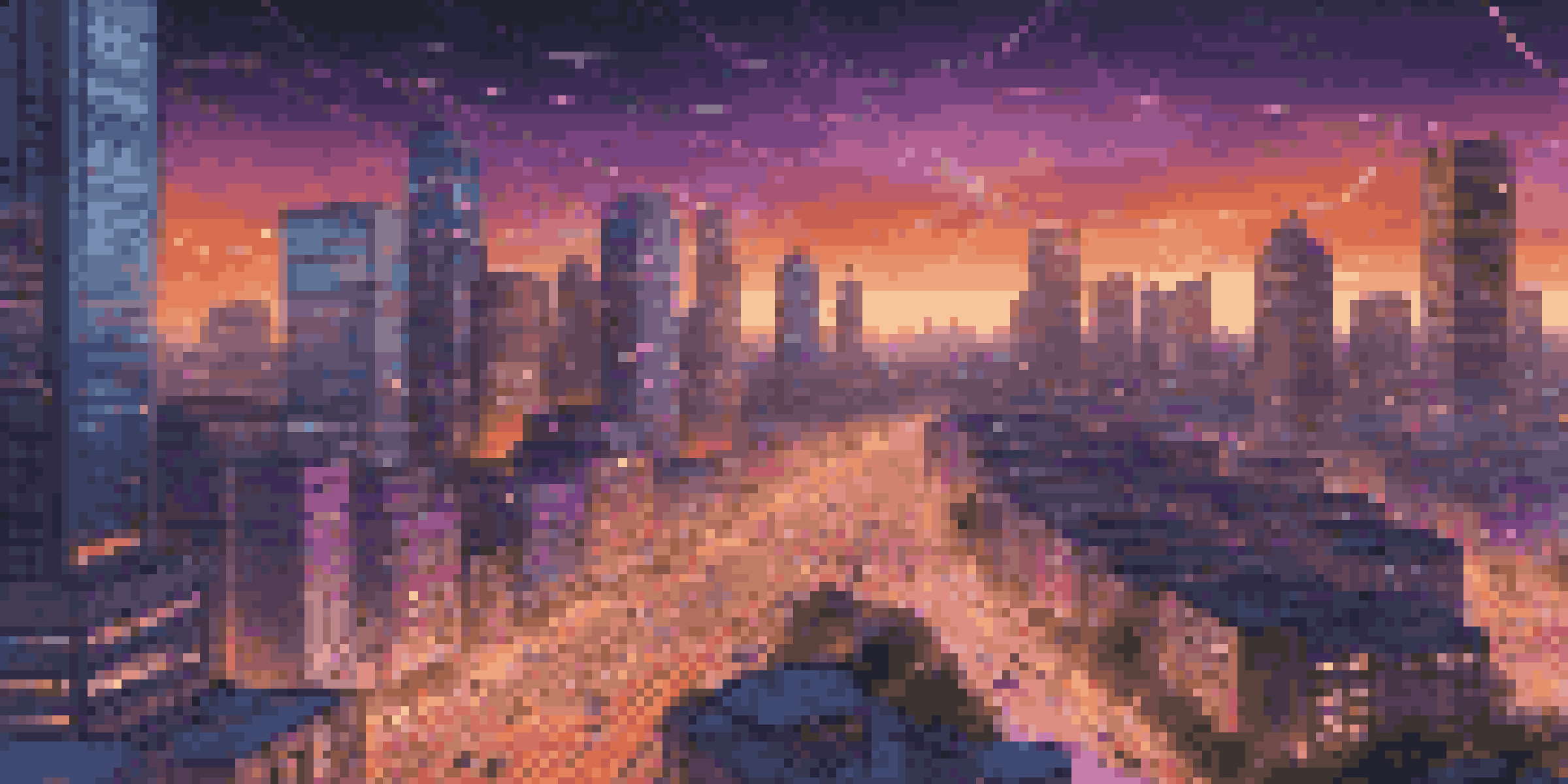 A smart city at dusk with connected traffic lights, sensors, and vehicles, glowing lines representing data exchange, and a vibrant skyline.