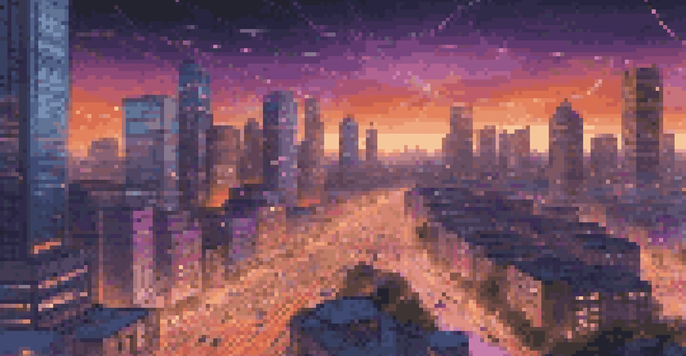 A smart city at dusk with connected traffic lights, sensors, and vehicles, glowing lines representing data exchange, and a vibrant skyline.