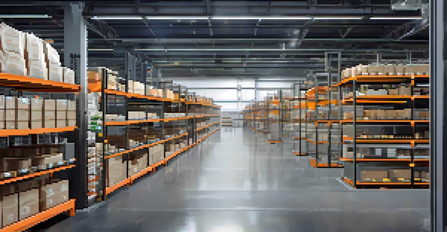 An automated warehouse featuring robotic arms and conveyor belts, with shelves full of products and digital inventory displays.
