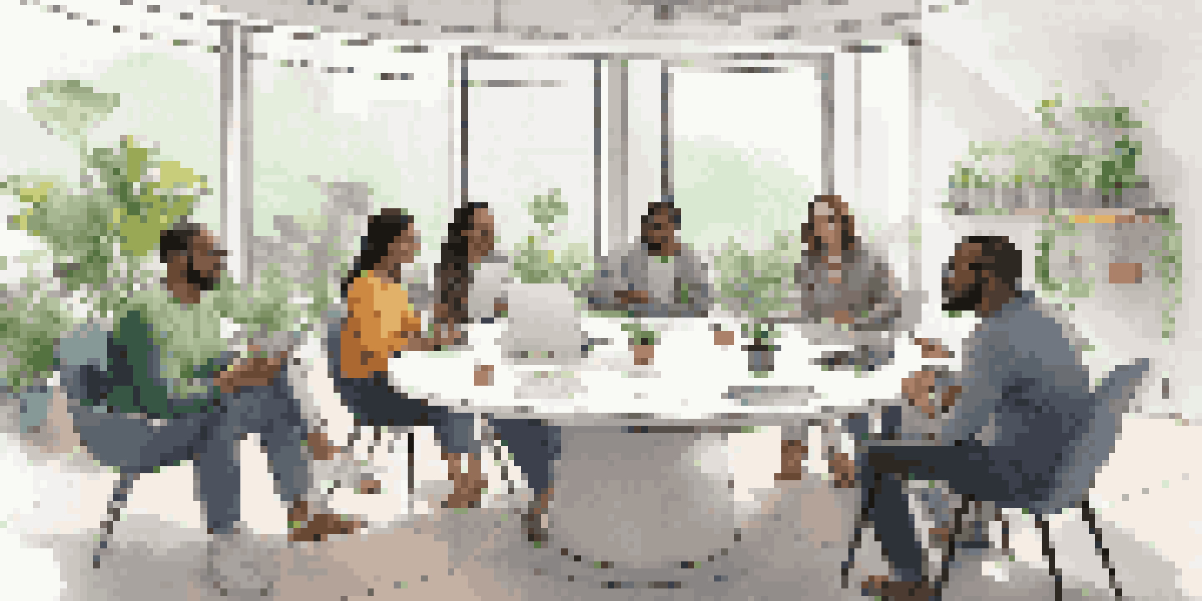 A diverse group of individuals discussing blockchain governance at a round table, with laptops and digital graphs in a bright room.