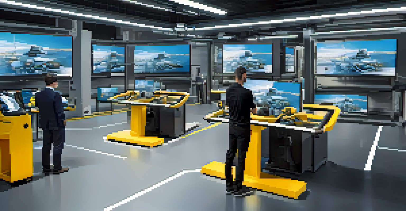 Employees using virtual reality headsets in a training room with advanced machinery and digital twin models on screens.