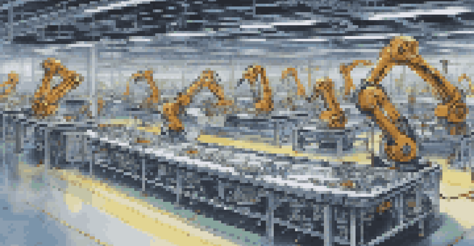 An automated assembly line in a car manufacturing plant with robots assembling car parts, showcasing a sleek and high-tech environment.