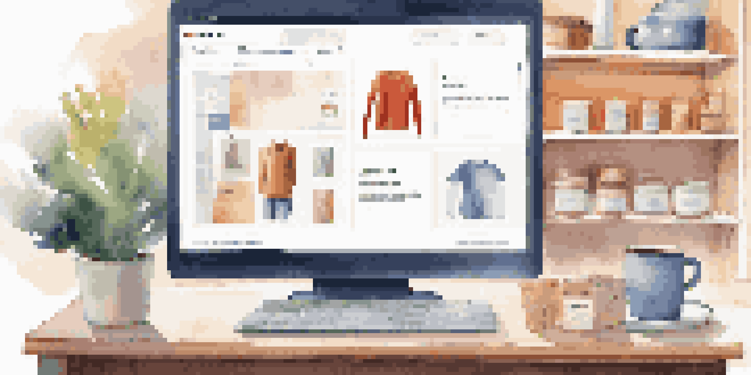 A bright workspace with a laptop showing an e-commerce website, colorful product images, tracking graphs, and a coffee cup.