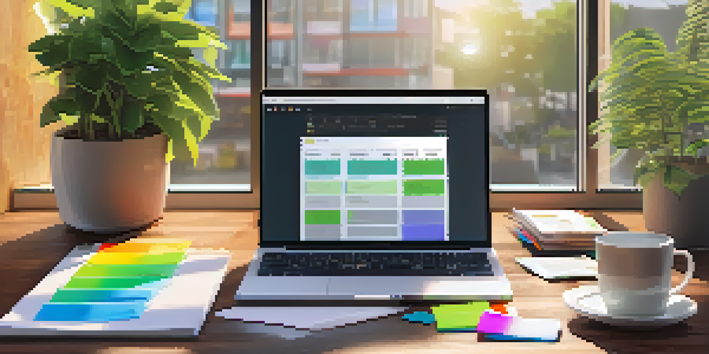 A bright and organized workspace with a laptop displaying API documentation, colorful sticky notes, a coffee cup, and a potted plant, illuminated by sunlight.