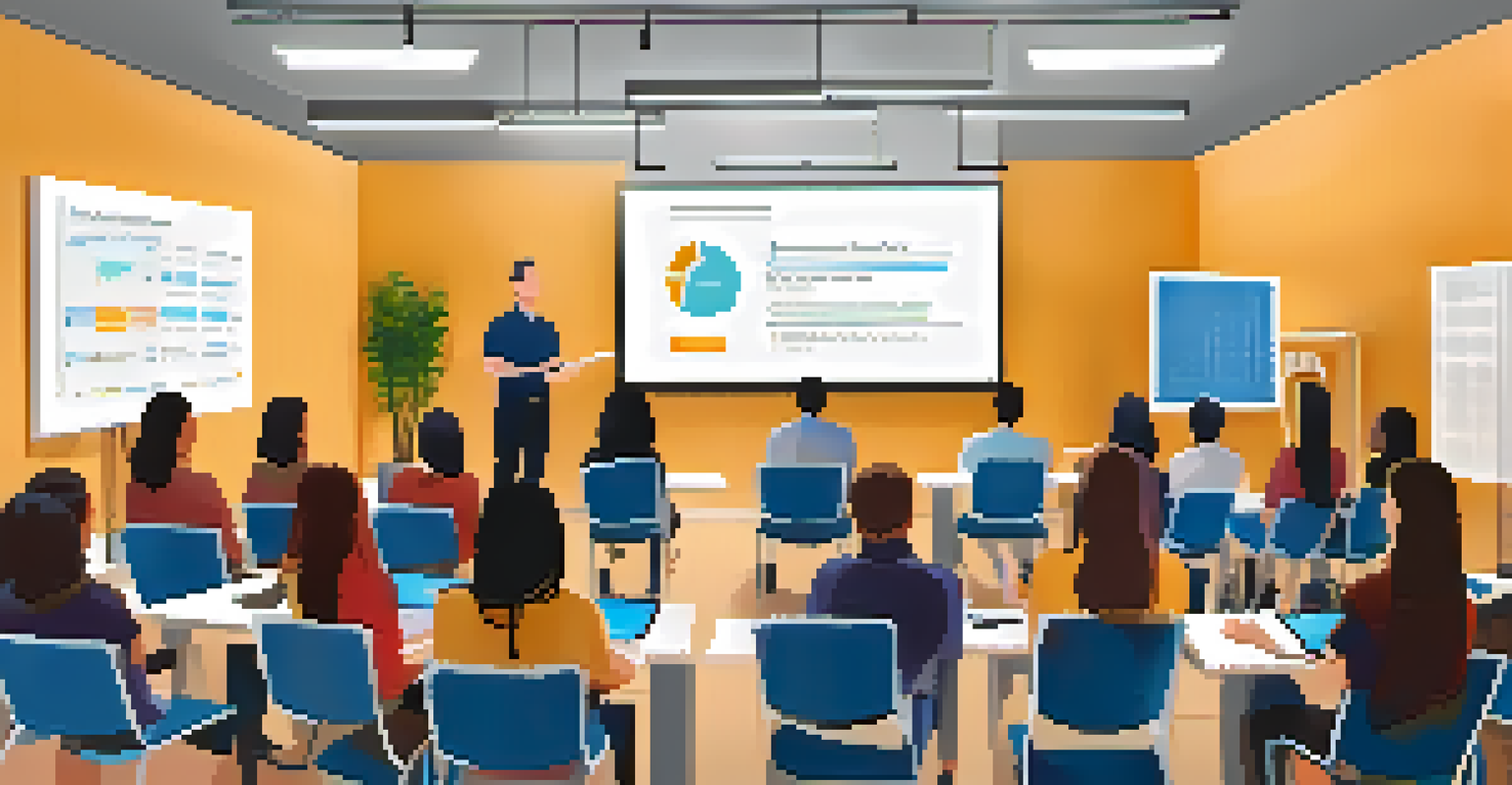 A training room with a trainer presenting to participants about data analytics software, featuring modern technology and bright lighting.