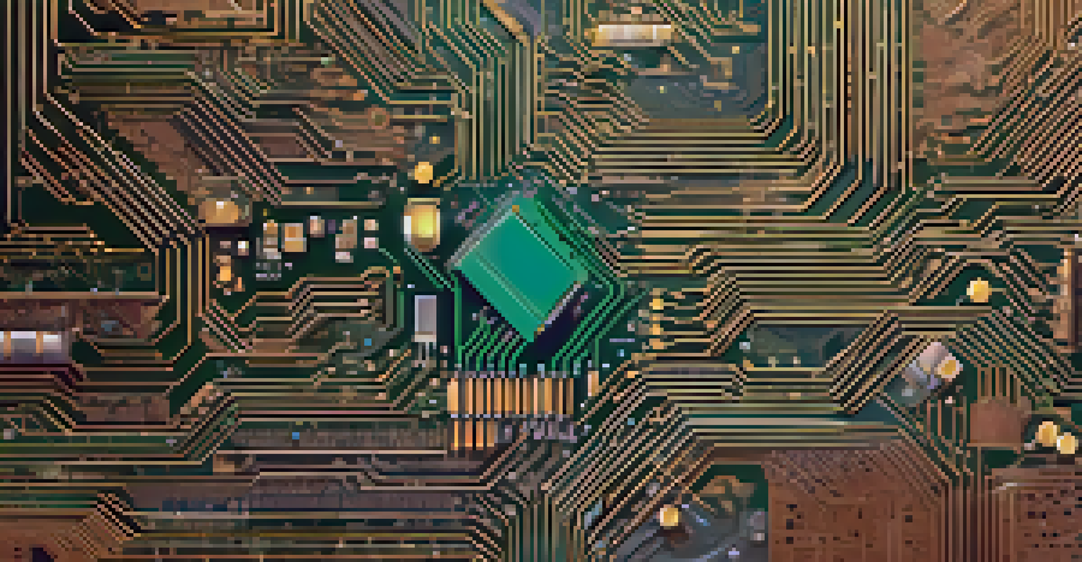 An abstract image combining technology and nature, featuring a circuit board and forest elements in earthy tones.
