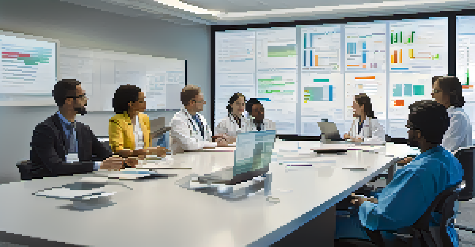 A diverse group of healthcare professionals collaborating on patient care strategy, surrounded by laptops and predictive analytics data.