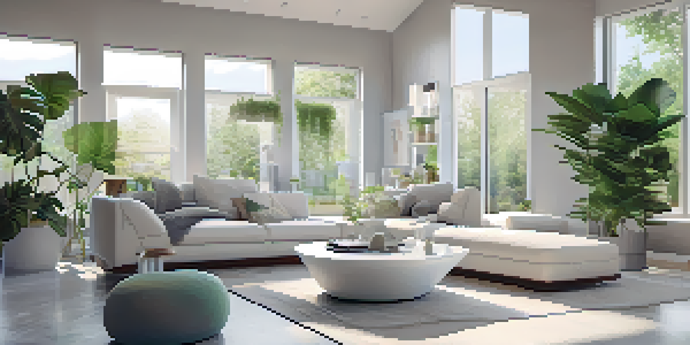 A bright and modern living room with various smart IoT devices, including a thermostat and sensors, illuminated by natural light.