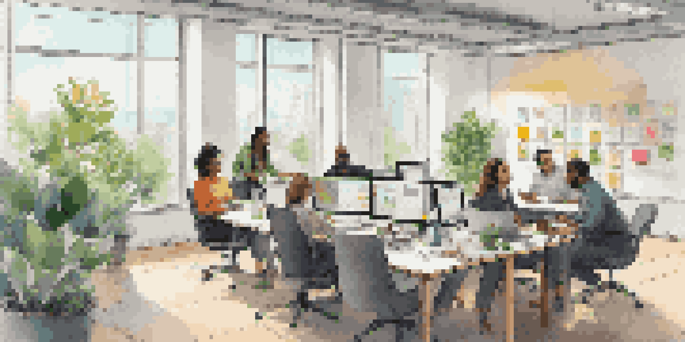 A diverse group of employees in a modern office discussing digital rights management with laptops and colorful post-it notes.