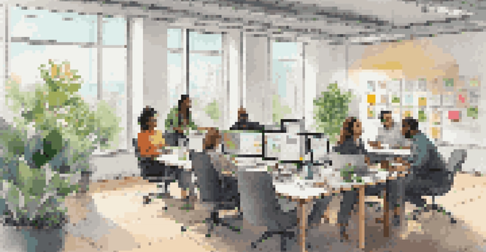 A diverse group of employees in a modern office discussing digital rights management with laptops and colorful post-it notes.