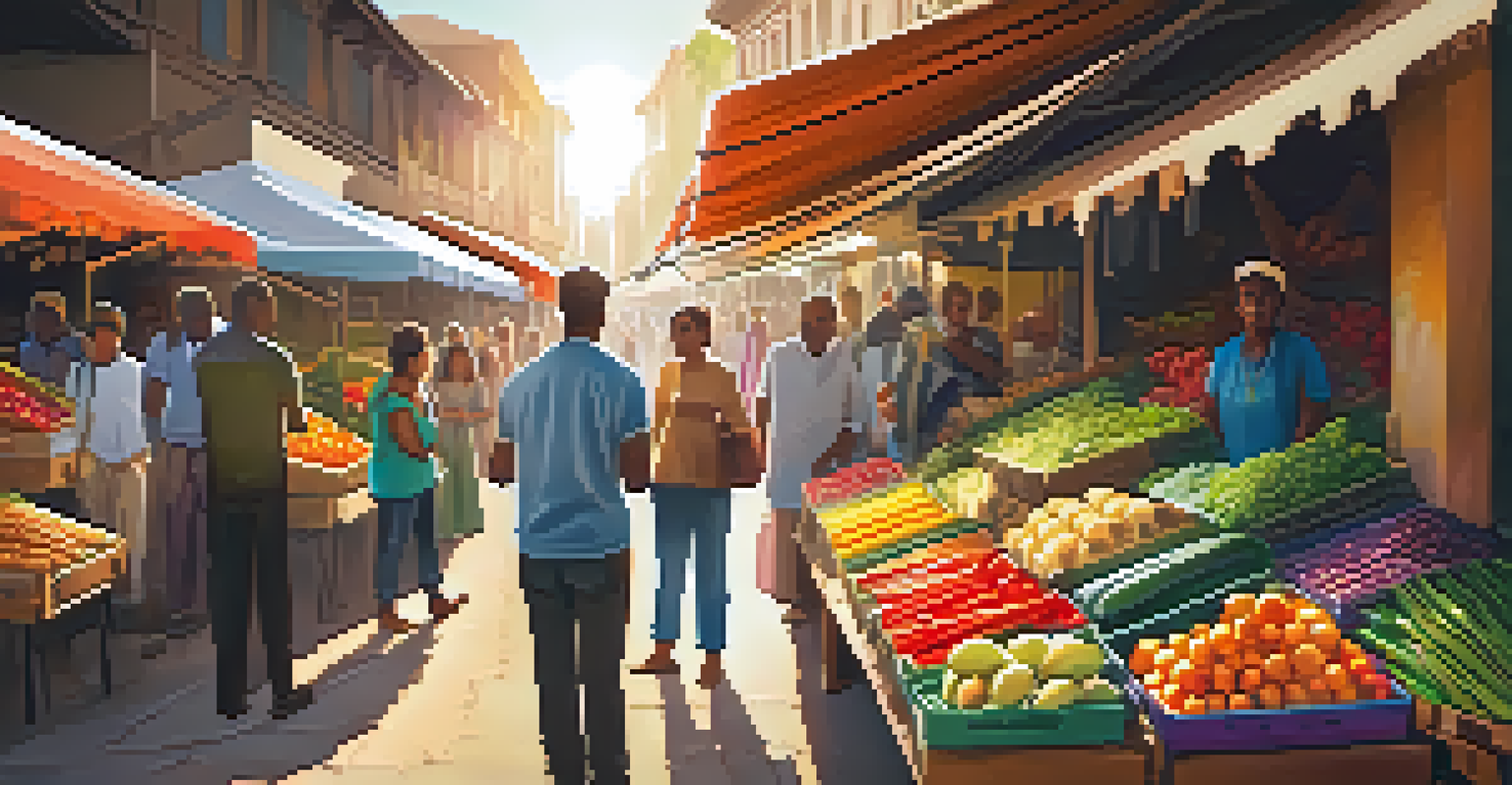 A vendor at a colorful street market accepting mobile payments on a tablet.