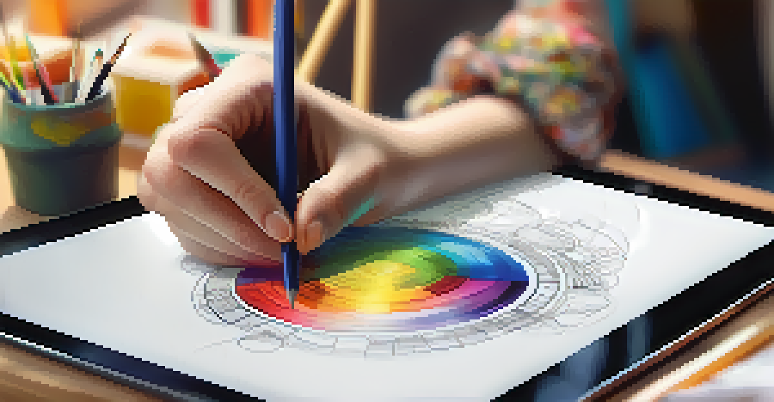 A close-up of a designer's hand sketching on a digital tablet surrounded by colorful design elements and tools in a creative studio.