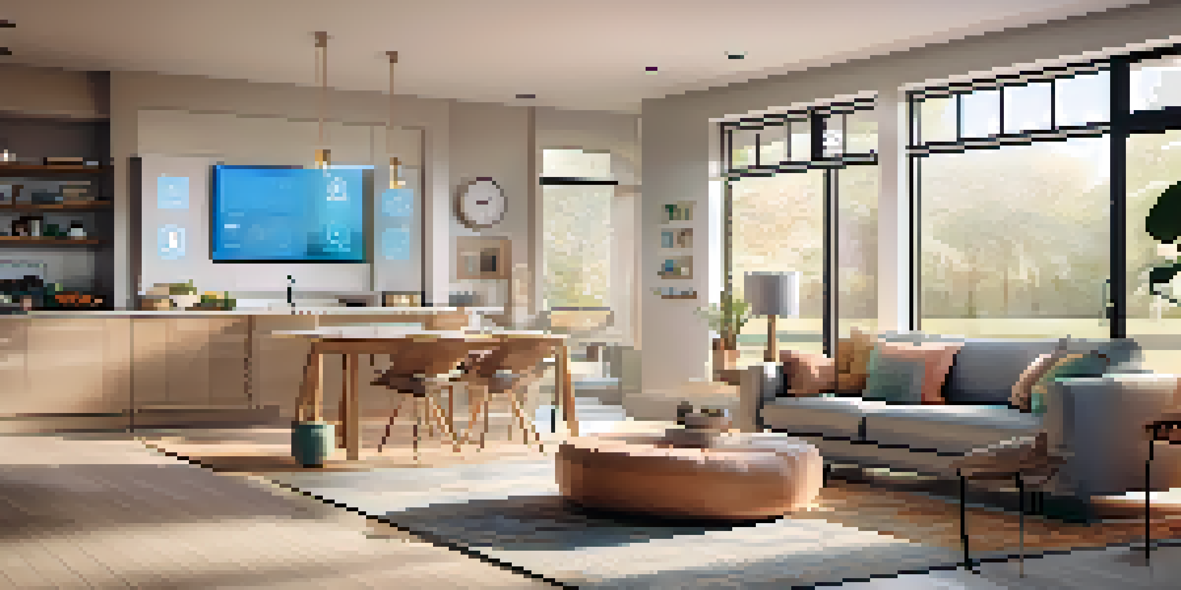 A modern smart home interior with IoT devices like a smart thermostat and a smartphone, illuminated by natural light.