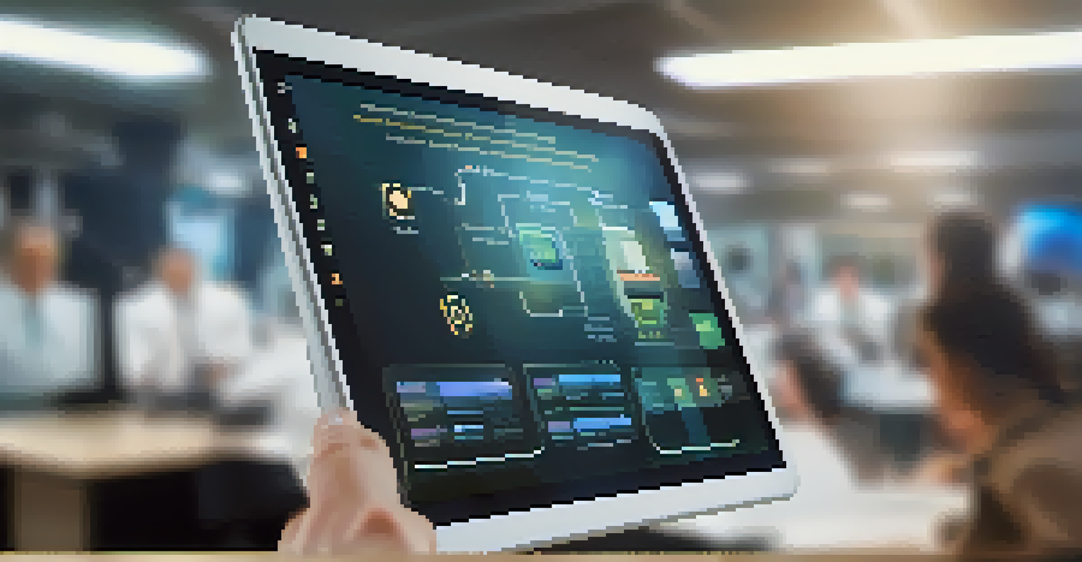 A close-up view of a hand using a tablet with test automation software, set in a tech office environment.