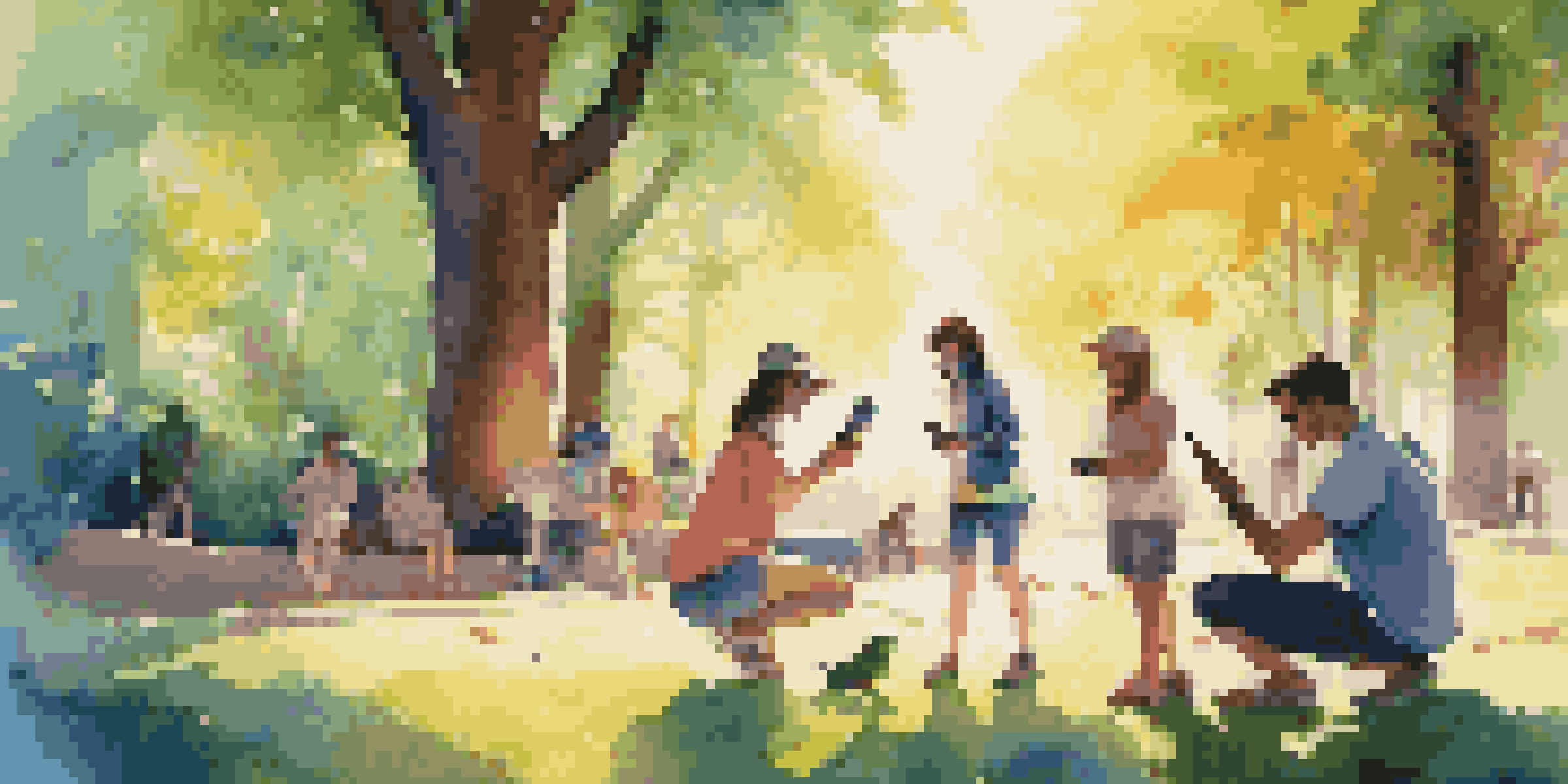 A group of friends joyfully playing an augmented reality game in a sunny park, with their smartphones showing colorful virtual creatures.