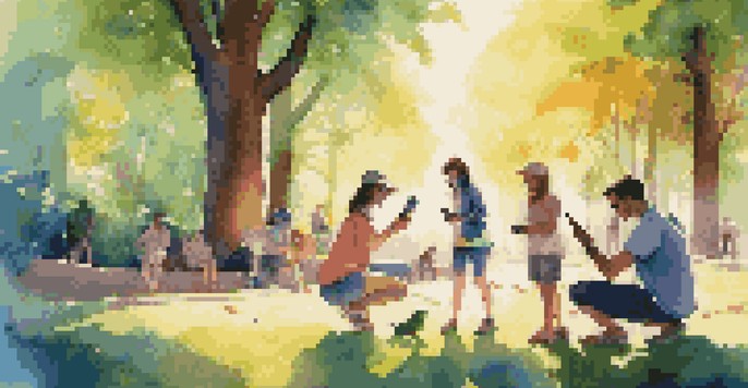 A group of friends joyfully playing an augmented reality game in a sunny park, with their smartphones showing colorful virtual creatures.