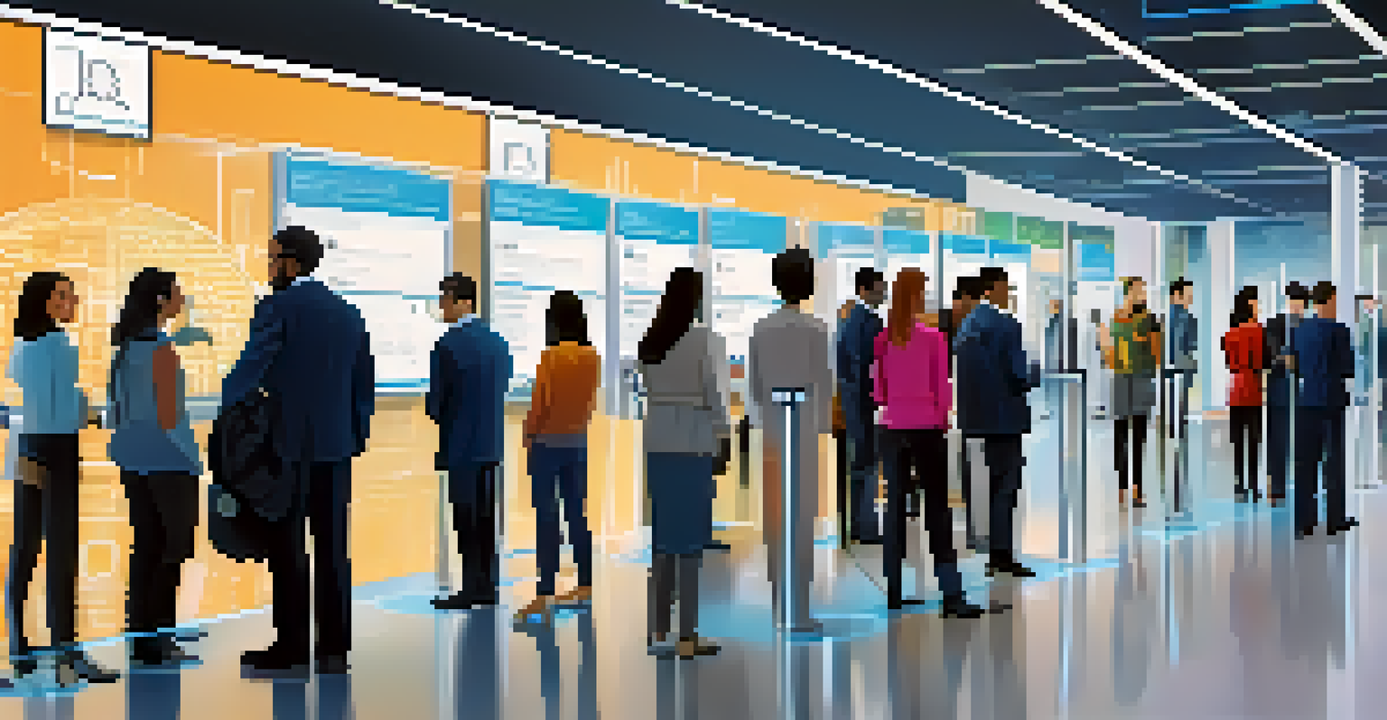 A diverse group of individuals using facial recognition technology at a modern security checkpoint, with screens displaying their facial data and colorful digital interfaces.