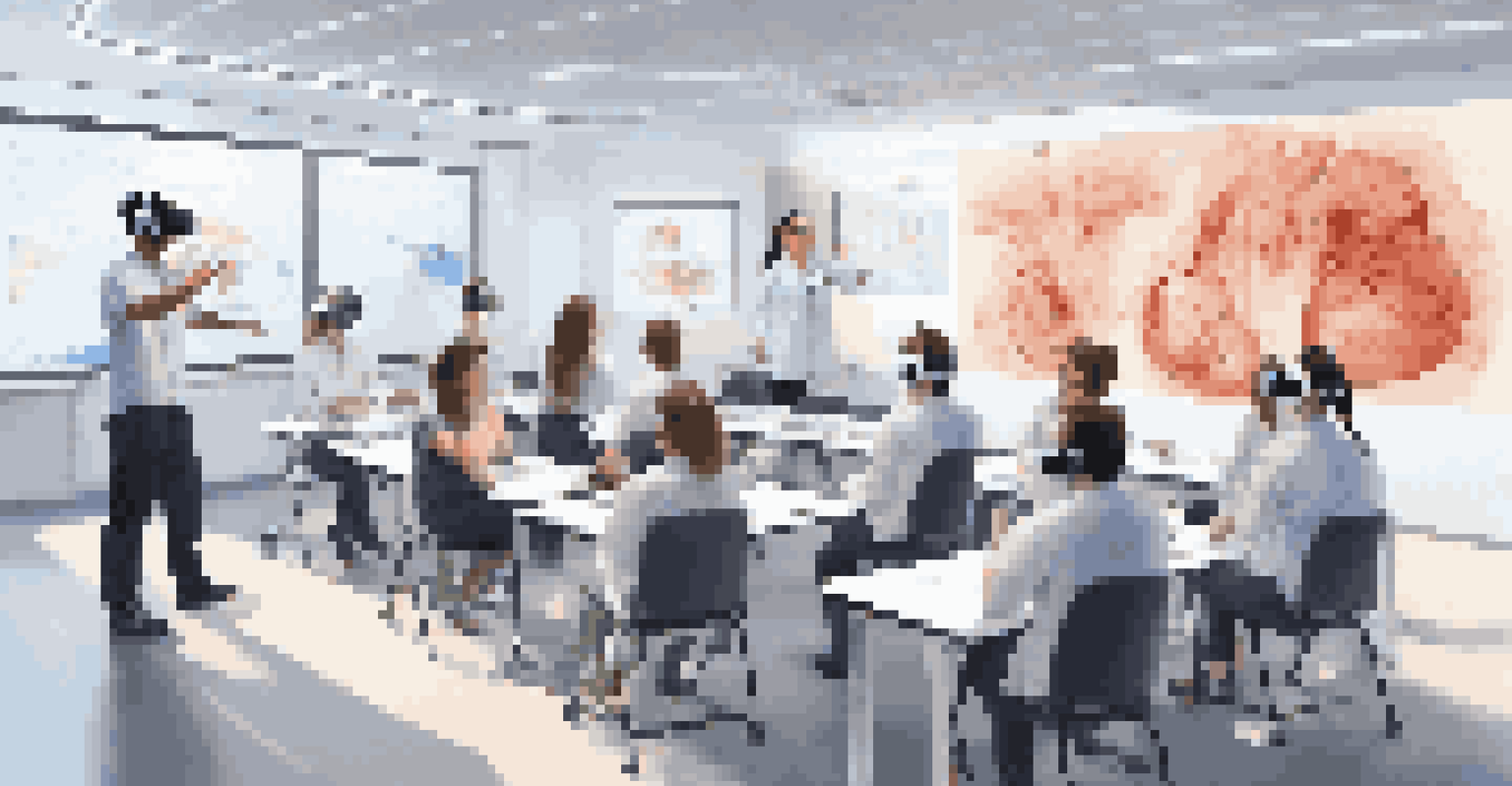 A medical instructor showing virtual reality training to students in a modern classroom setting.