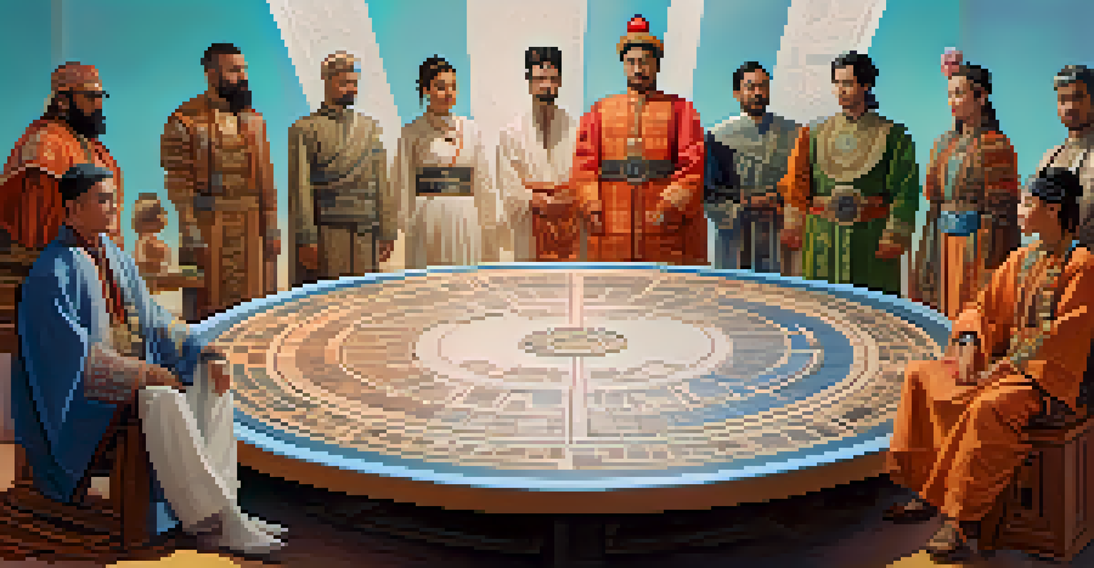 A roundtable discussion on AI ethics with individuals in traditional attire from various cultures, set against a colorful unity background.
