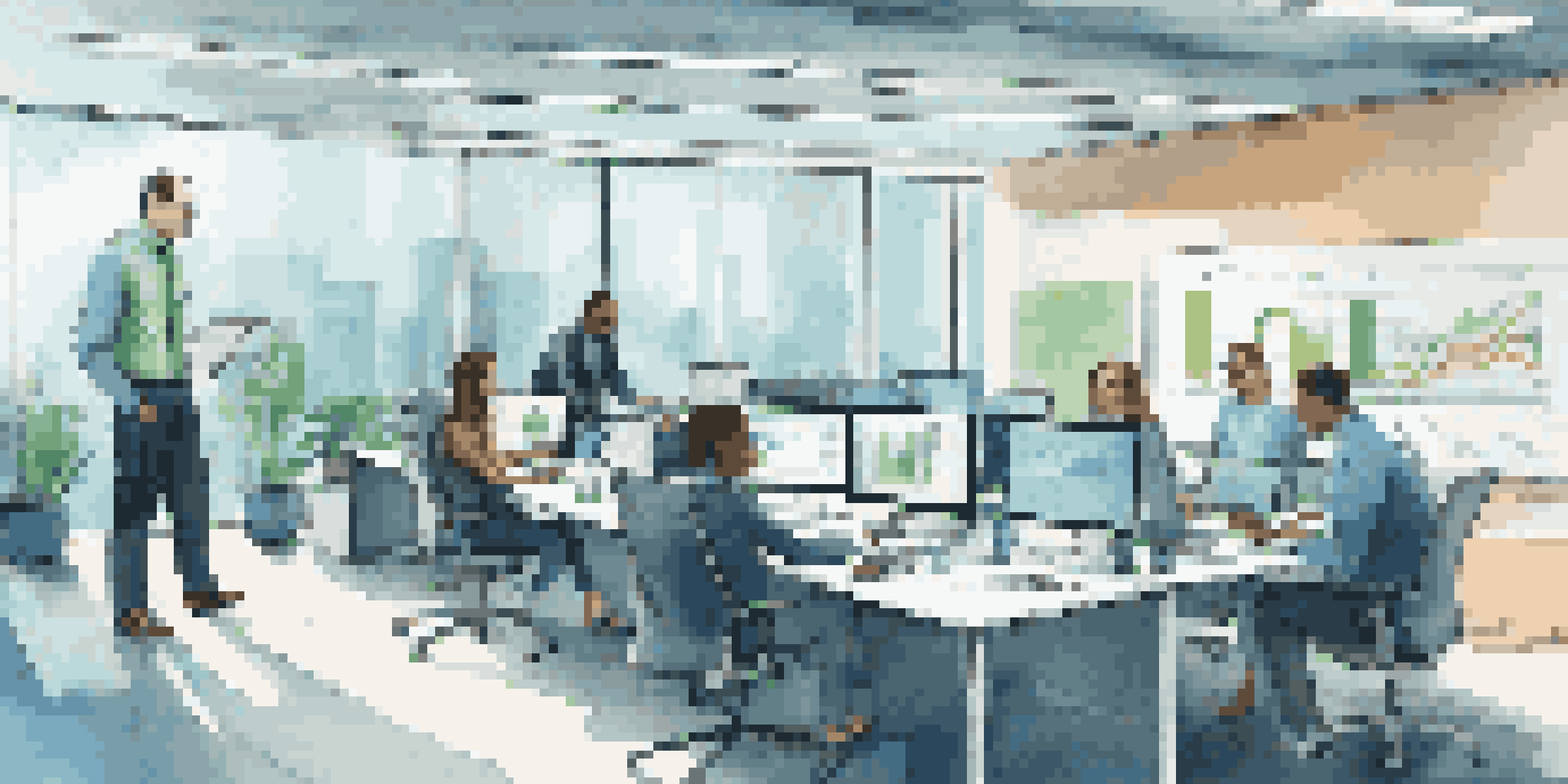 A diverse team of professionals working together in a modern office, discussing data governance strategies.