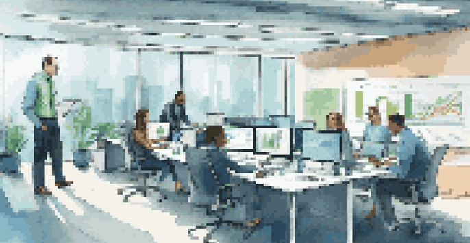 A diverse team of professionals working together in a modern office, discussing data governance strategies.