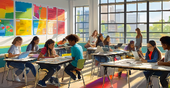 A diverse classroom where students of different abilities are collaborating on a project, with assistive technology in use and a bright, welcoming atmosphere.