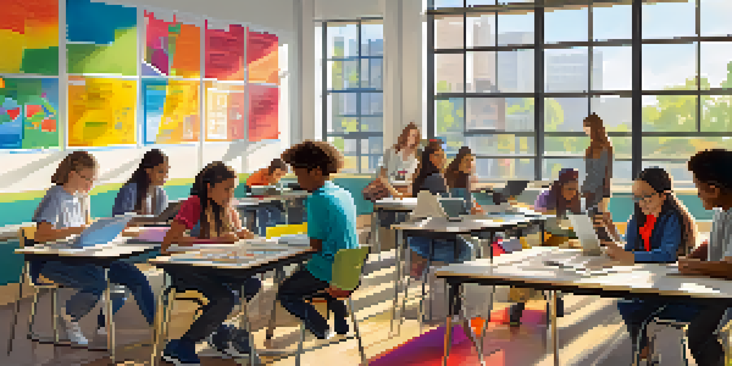 A diverse classroom where students of different abilities are collaborating on a project, with assistive technology in use and a bright, welcoming atmosphere.