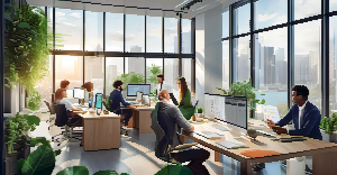 A diverse group of professionals working together in a bright office, using laptops and digital tools for collaboration.