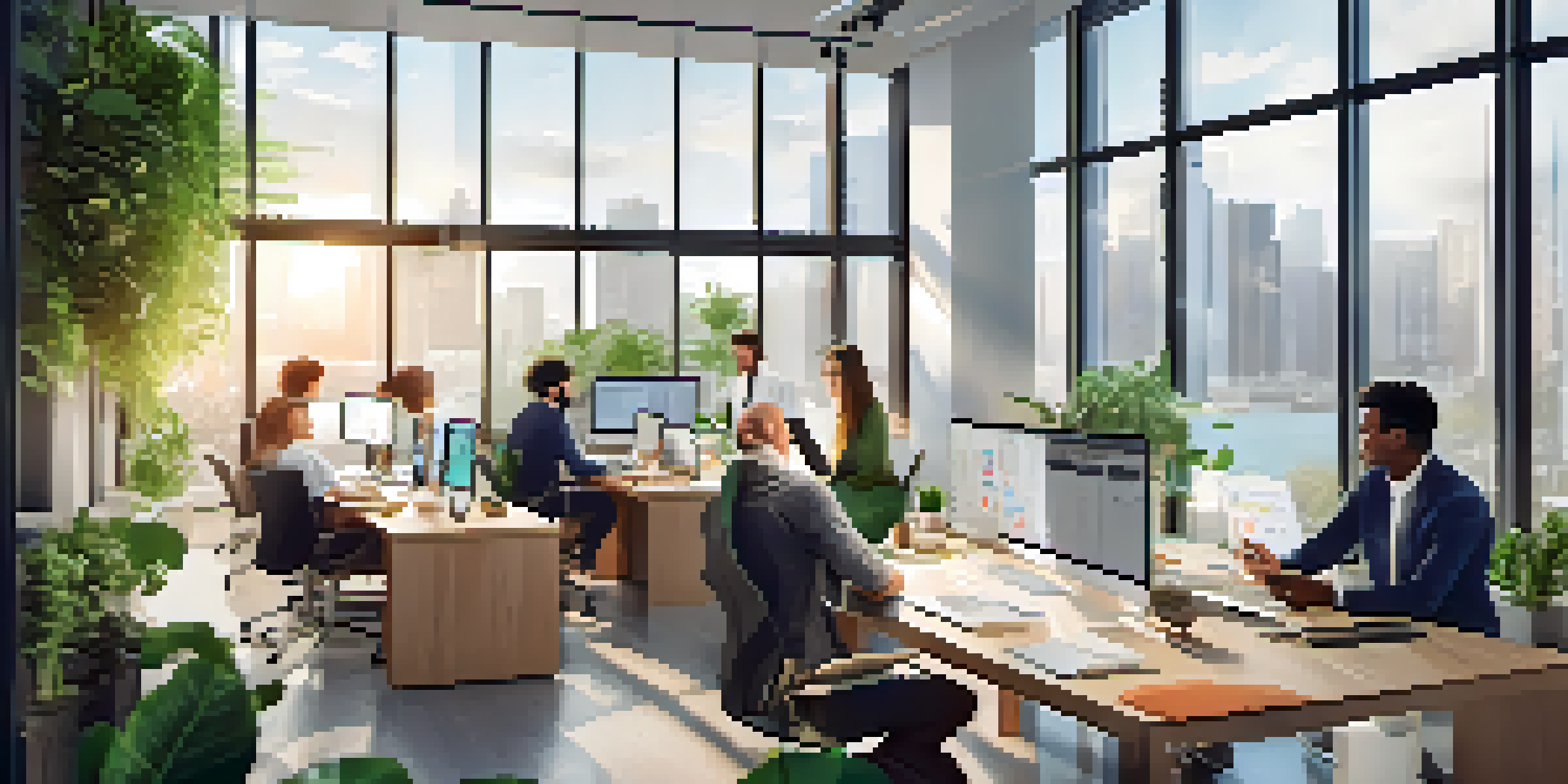 A diverse group of professionals working together in a bright office, using laptops and digital tools for collaboration.