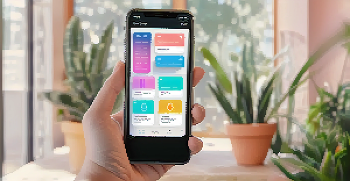 A user interacting with a mobile app interface that showcases personalized recommendations, surrounded by a cozy room decorated with plants.
