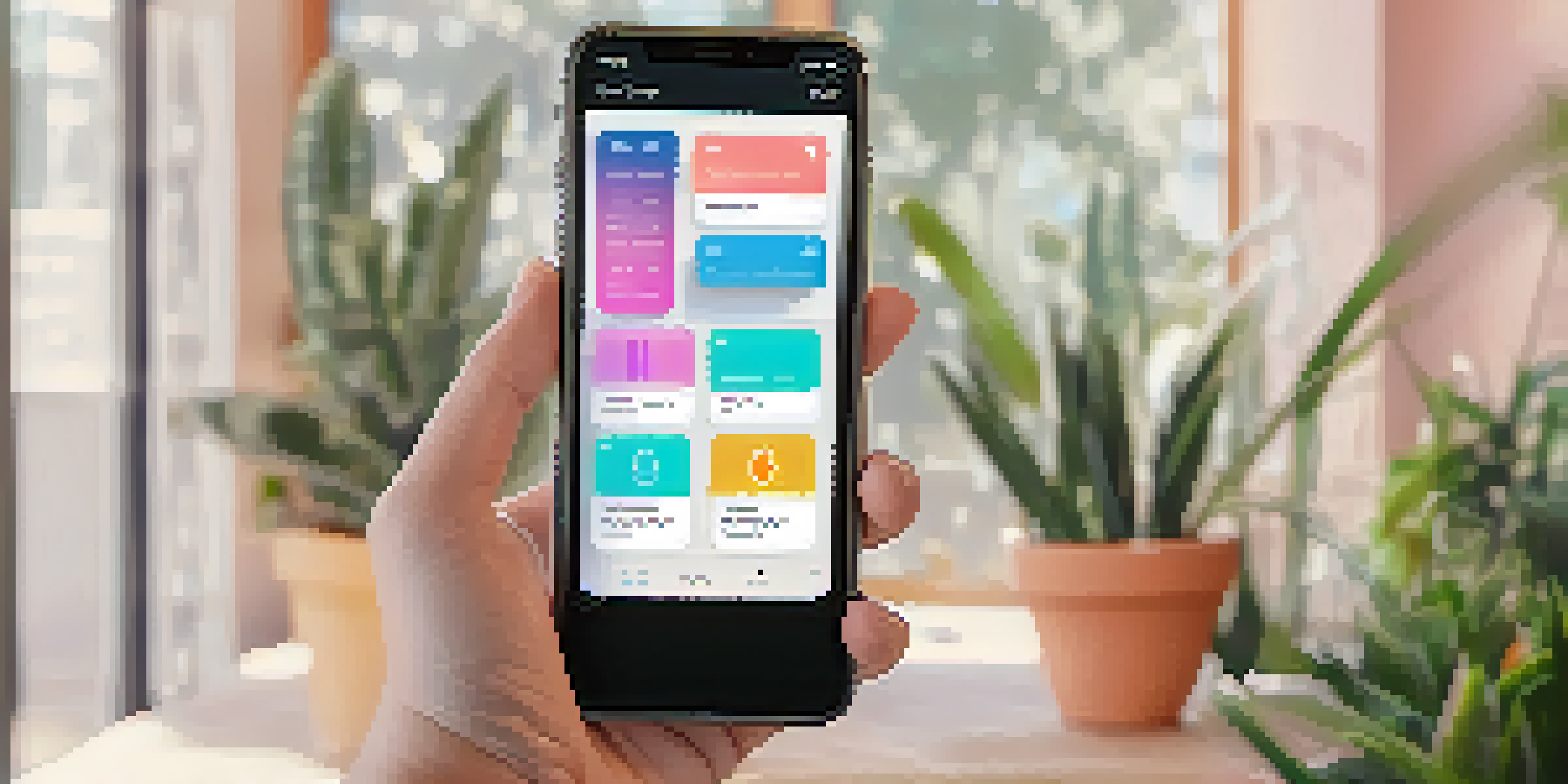 A user interacting with a mobile app interface that showcases personalized recommendations, surrounded by a cozy room decorated with plants.