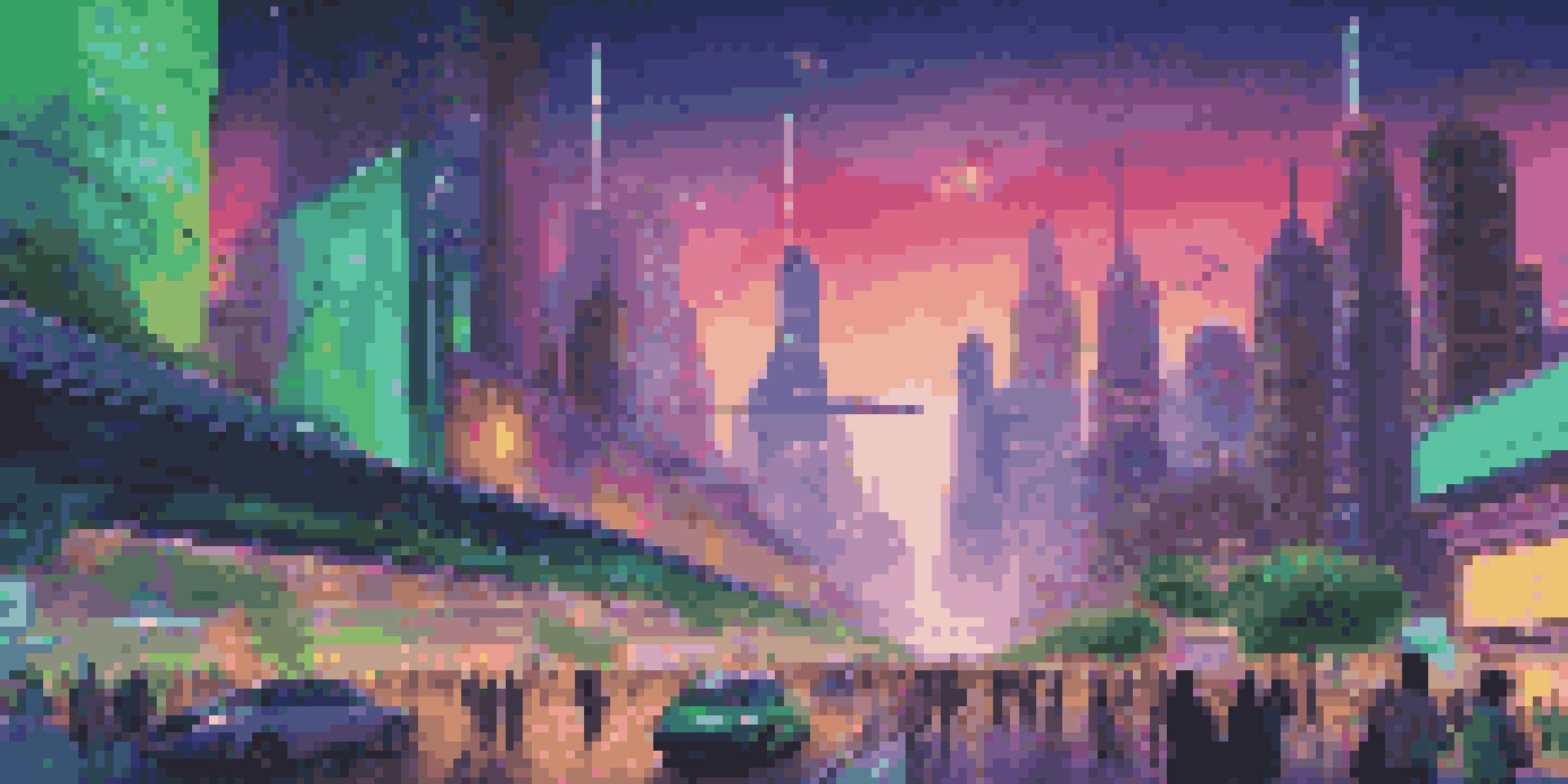 A futuristic city with neon lights, flying cars, and people using augmented reality devices in a green urban setting at dusk.