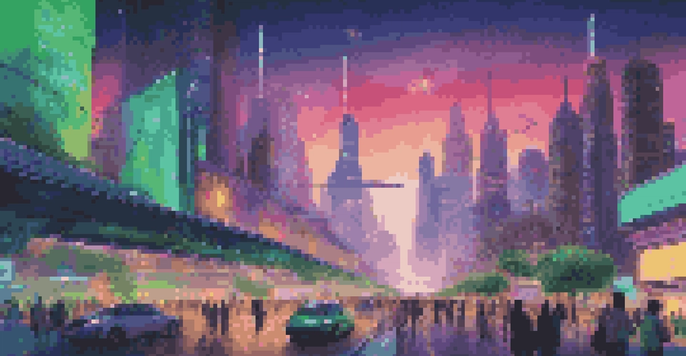 A futuristic city with neon lights, flying cars, and people using augmented reality devices in a green urban setting at dusk.