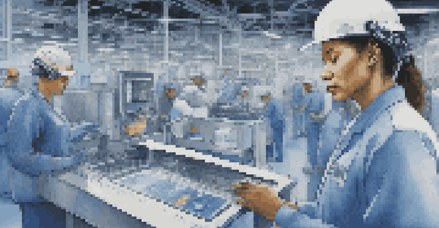 A worker in a factory wearing a high-tech device that monitors health and location, surrounded by active machinery and robots.